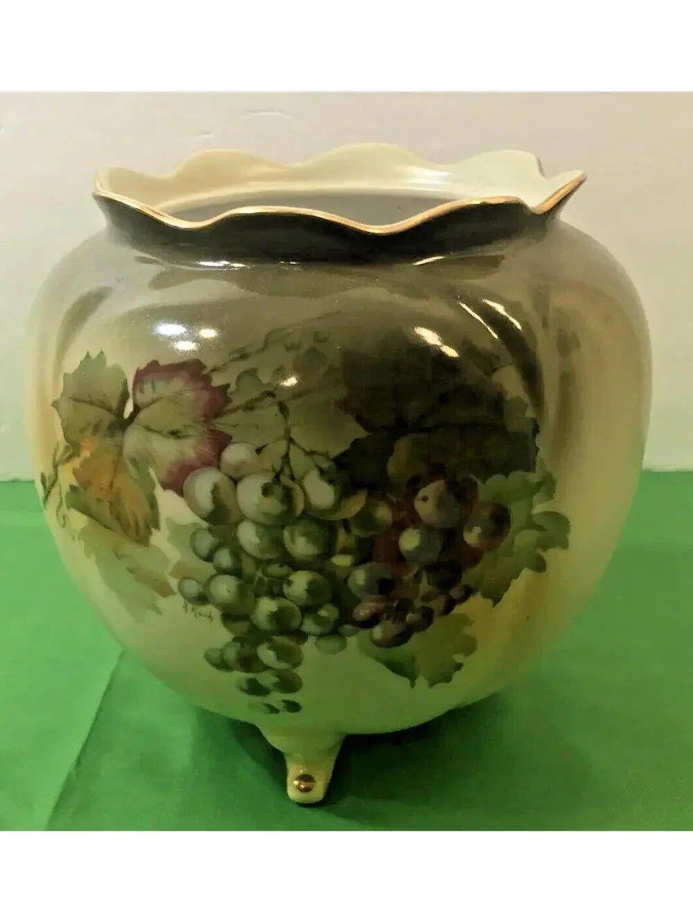 Andrea by Sadek Floral Pot Vase On pedestal Feet Asian Decor Cachepot Green VTG
